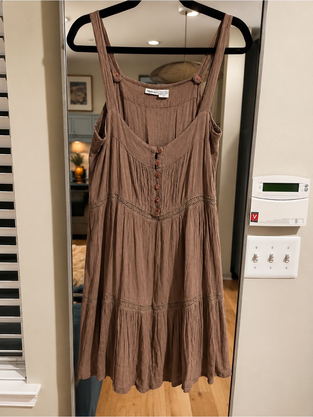 Raya Sun Women’s Brown Button-Front Sundress with Crochet Trim